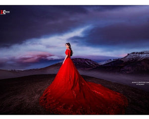 G129 (3), Red Offshoulder half sleeves Infinity Prewedding Shoot Trail Ball Gown, Size (XS-30 to L-38)