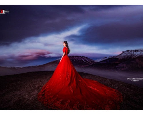 G129 (3), Red Offshoulder half sleeves Infinity Prewedding Shoot Trail Ball Gown, Size (XS-30 to L-38)