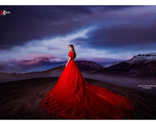Load image into Gallery viewer, G129 (3), Red Offshoulder Half Sleeves Infinity Prewedding Shoot Trail Ball Gown, Size (XS-30 to L-38)