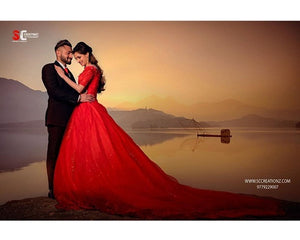 G129 (3), Red Offshoulder half sleeves Infinity Prewedding Shoot Trail Ball Gown, Size (XS-30 to L-38)