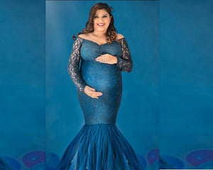 G221 (3), Navy Blue Fish Cut Maternity Shoot Baby Shower Gown, Size(All)