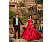Load image into Gallery viewer, G130 (10+2), Wine Satin Off Shoulder Trail Ball gown, Size (XS-30 to XL-40)