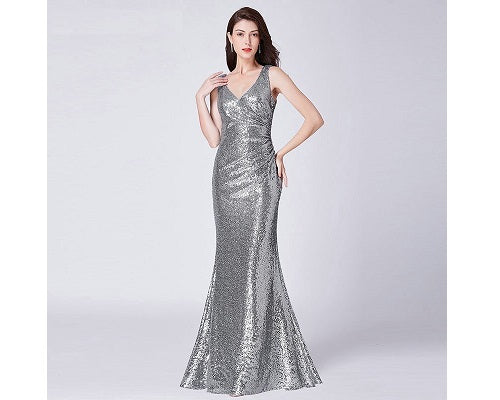 G154, Silver V Neck Mermaid Cocktail Evening Gown, Size (XS-30 to L-36)