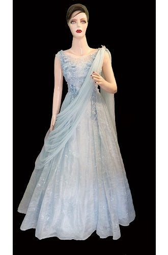 G172, Sweet Sky Blue Indo-Western Saree Gown, Size (XS-30 to L-38)