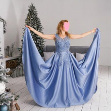 Load image into Gallery viewer, G73, Sky Blue Satin Flower Maternity Prom Trail Baby Shower Gown, Size (XS-30 to XXL-44)