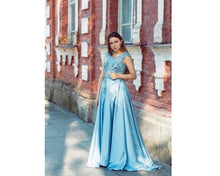 Load image into Gallery viewer, G73 t, Sky Blue Satin Flower Prom Trail Gown, Size (XS-30 to XXXL-46)