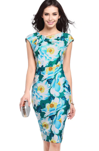 Print Flower Knee Length Party Dress,Size (XS-30 to L-38)