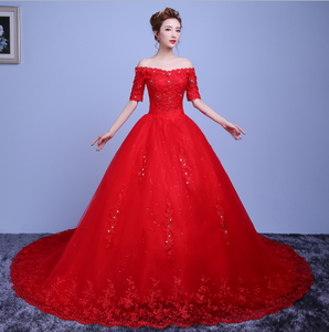 G129 (3), Red Off Shoulder half sleeves Trail Gown, Size (XS-30 to L-38)