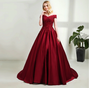 G130 (10+2) Wine Satin Off Shoulder trail Ball gown, Size (XS-30 to XL-40)