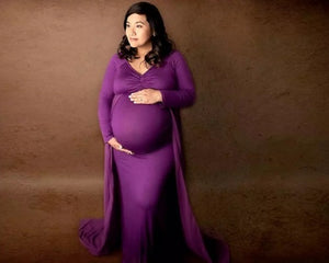 G41(6) Purple Maternity Shoot Trail Lycra Body Fit Gown, Size (All Sizes)