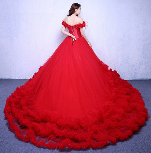 G137 (9), Luxury Red Puffy Cloud Trail Ball Gown, Size (XS-30 to xl 42)