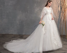 Load image into Gallery viewer, W177, White Flair Sleeves Long Trail Wedding Gown, Size (XS-30 to XL-40)