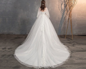 W177, White Flair Sleeves Long Trail Wedding Gown, Size (XS-30 to XL-40)