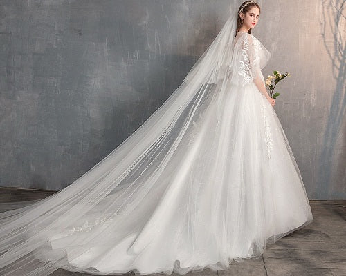 Wedding Dress Long Trails W177, White Flair Sleeves Long Trail