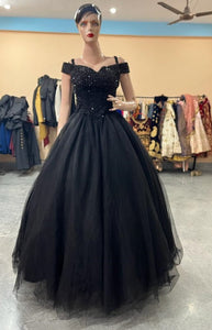 G846, Black Semi Off Shoulder Ball Gown, Size (XS-30 to XL-35)