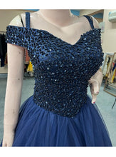 Load image into Gallery viewer, G435, Navy Blue Semi Off Shoulder Ball Gown, Size (XS-30 to XL-35)