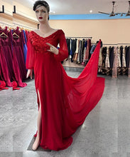 Load image into Gallery viewer, G603 (4), Red Slit Cut Semi Offshoulder Prewedding Long Trail Gown, (All Sizes)