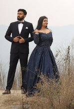 Load image into Gallery viewer, G329, Navy blue Satin Semi Off Shoulder Full Sleeves Prewedding Shoot Trail Ball Gown, Size (XS-30 to XXL-42)