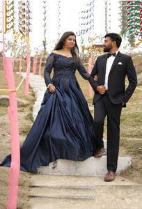 G329, Navy blue Satin Semi Off Shoulder Full Sleeves Prewedding Shoot Trail Ball Gown, Size (XS-30 to XXL-42)