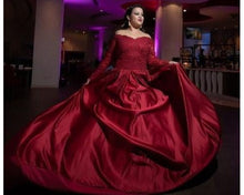 Load image into Gallery viewer, G229,(2) Wine Satin Semi Off Shoulder Full Sleeves Prewedding Shoot Trail Ball Gown, Size (XS-30 to  3XL-46)