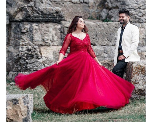 Photo of Red flared gown for pre wedding shoot