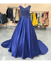 Load image into Gallery viewer, G332, Navy Blue Satin Off Shoulder Trail Ball gown Size(All)pp