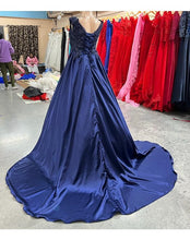 Load image into Gallery viewer, G332, Navy Blue Satin Off Shoulder Trail Ball gown Size(All)pp