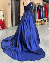 Load image into Gallery viewer, G332, Navy Blue Satin Off Shoulder Trail Ball gown Size(All)pp