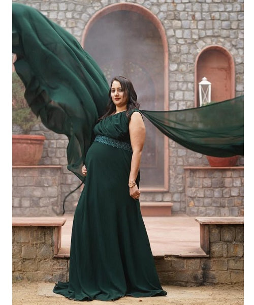 G875 (4), Bottle Green One Shoulder Maternity Shoot Long Trail Gown, Size (All)