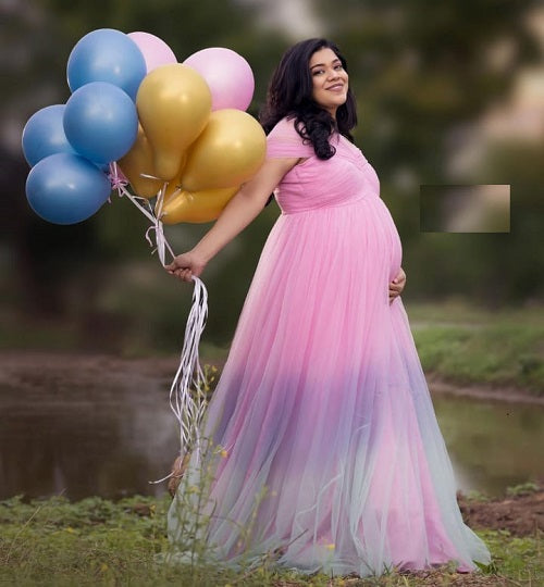 G322, Pink Multi Shade Maternity Shoot  Gown, Size (All)