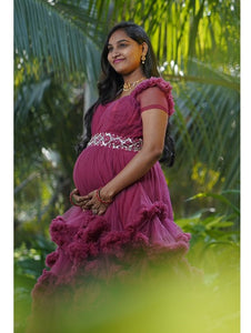 G148, Wine Puffy Maternity Shoot  Baby Shower Trail Gown Size, (XS-30 to XL-42)