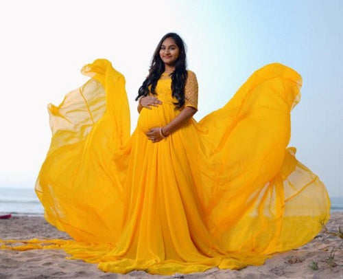 maternity dress mustard yellow G266 Mustard Yellow Half Sleeves Maternity Gown, Size (All), – Style Icon  www.dressrent.in