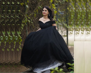 G846, Black Semi Off Shoulder Ball Gown, Size (XS-30 to XL-35)