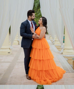 G737, Luxury Orange Infinity Frill Trail Ball Gown, Size(All)