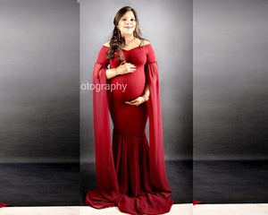 G181 (5) Wine Maternity Shoot Long Sleeves Trail Baby Shower Lycra Fit Gown, Size (ALL)