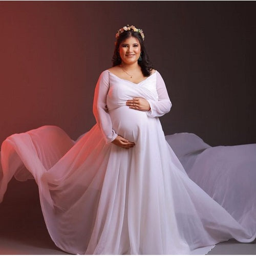 G444, White Trail Lycra Body Fit Maternity Gown, Size (All)