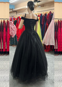 G746 (3), Black Luxury Semi Off Shoulder Ball Gown, Size (XS-30 to XL-35)