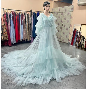 G355, Light Blue Ruffled Pre Wedding Shoot  Gown, Size(All)pp