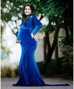G14, Navy Blue Velvet Maternity Shoot Baby Shower Trail Lycra Body Fit Gown, Size (All)