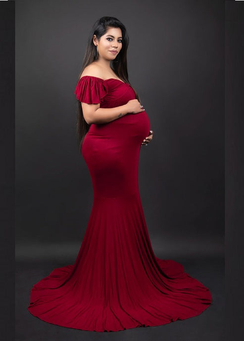 G247 (1), Red Wine Maternity Shoot Baby Shower Trail Lycra Body Fit Gown Size(All)