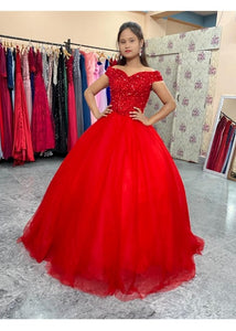 G535, Red Luxury Off Shoulder Ball Gown, Size (XS-30 to L-38)