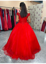 Load image into Gallery viewer, G535, Red Luxury Off Shoulder Ball Gown, Size (XS-30 to L-38)