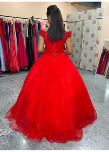 G535, Red Luxury Off Shoulder Ball Gown, Size (XS-30 to L-38)