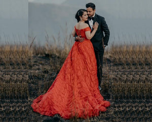 G226 (3) Red Luxury Feather Pattern Off-Shoulder Prewedding Extra Long Trail Gown, Size, (XS-30 to XL-40)