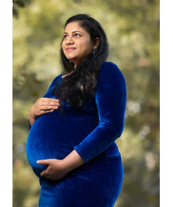 G14, Navy Blue Velvet Maternity Shoot Baby Shower Trail Lycra Body Fit Gown, Size (All)