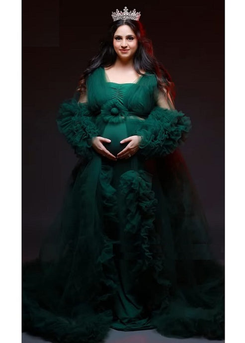 G848 (2), Bottle Green Ruffled Maternity Shoot  Gown, Size (All)