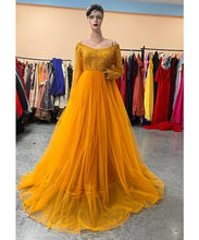 Load image into Gallery viewer, G745, Mustard Maternity Shoot Baby Shower Trail  Lycra Fit Gown, Size(All)
