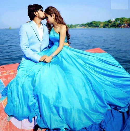 G675, Sky Blue Satin One Shoulder Maternity Shoot Trail Gown, Size (All)pp