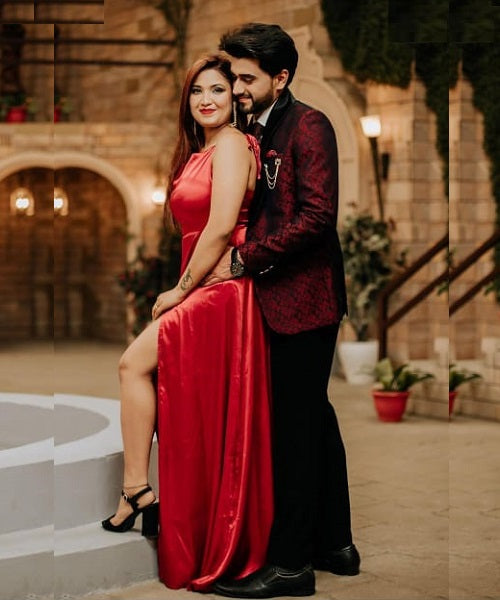 G576 , Wine Satin Maternity Slit Cut Gown, Size (All)pp