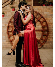 Load image into Gallery viewer, G576 , Wine Satin Prewedding Slit Cut Gown, Size (All)pp